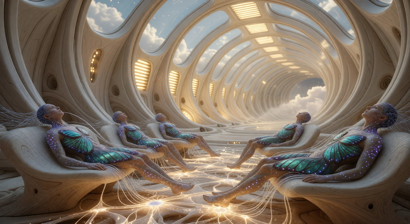 يُظهر هذا المشهد ثلاثة من المهندسين الحيويين التابعين لسلالة البذّارين وهم في حالة تواصل حسّي مشترك داخل الهيكل العاجي لشجرة العالم، وهي محطة فضائية بيولوجية عملاقة يبلغ طولها مئة كيلومتر. يعود هذا السجل إلى حقبة الأفق، ما بين مئة ألف ومليون سنة ميلادية، وهي فترة بلغت فيها الحضارة مرحلة متقدمة تلاشت فيها الحدود تماماً بين التكنولوجيا والبيولوجيا. ومن خلال مجسات عصبية شفافة تندمج مع واجهة حيوية متوهجة، تتبادل هذه الكائنات البيانات الحسية والذكريات في تجربة شعورية موحدة، مما يعكس دورهم كبستانيين للمجرة يديرون تطور الأنظمة البيئية عبر آماد زمنية سحيقة.