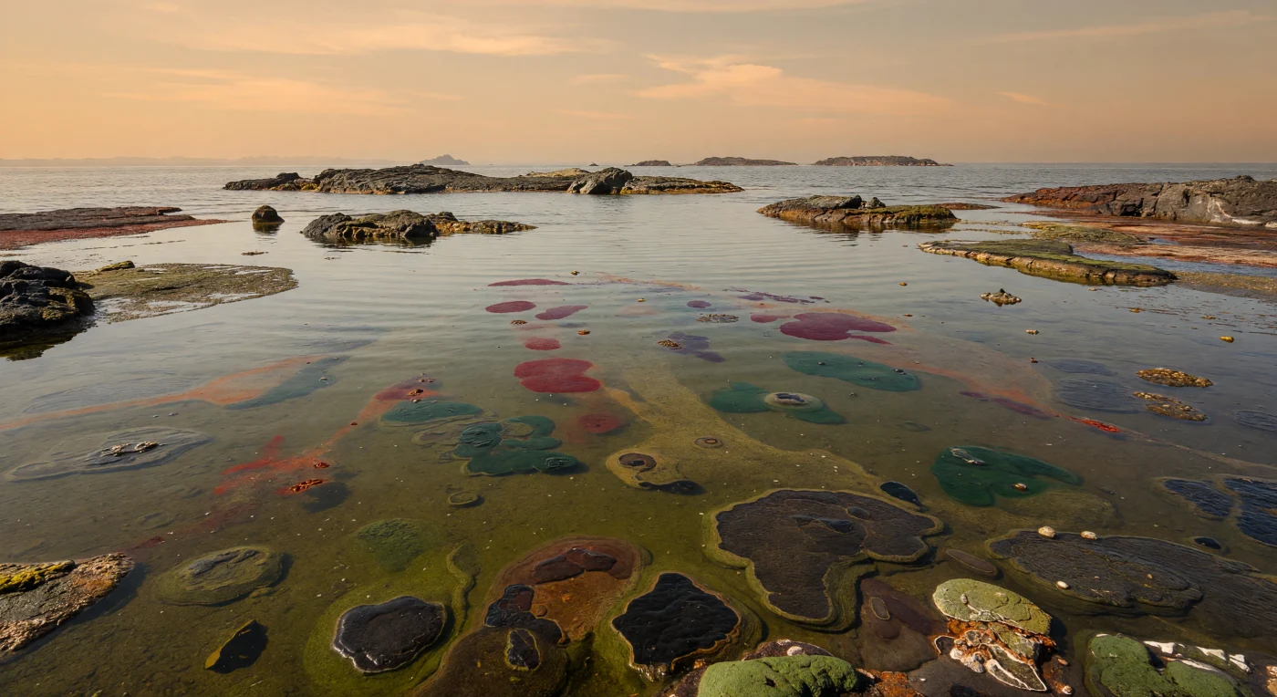 Around 2.8–2.6 billion years ago in the Archean Eon, shallow coastal lagoons may have looked like this: warm, iron-rich, oxygen-poor waters spread across barren volcanic shores, with layered microbial mats and small stromatolitic mounds carpeting the bottom. Purple sulfur bacteria and green sulfur bacteria form vivid maroon, violet, and green surface films, while localized oxygen produced by microbes can oxidize dissolved iron into faint rusty clouds near the mat surface. No animals, seaweeds, or land plants existed yet—this was a microbial world, shaped by early life and the unusual chemistry of Earth’s primordial oceans.