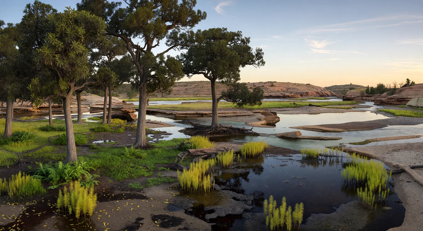 On this high-latitude Gondwanan floodplain in the Late Permian, about 260–252 million years ago, a low “midnight sun” casts long shadows across stands of Glossopteris, the iconic seed ferns of southern Pangaea. Dark, tongue-shaped leaves crown tall trunks above thickets of Phyllotheca horsetails, while black peaty oxbows and silty river channels record a cool, seasonal polar landscape without permanent ice. Such Glossopteris-dominated wetlands were widespread across Antarctica, Australia, India, Africa, and South America before the end-Permian mass extinction devastated these ecosystems.