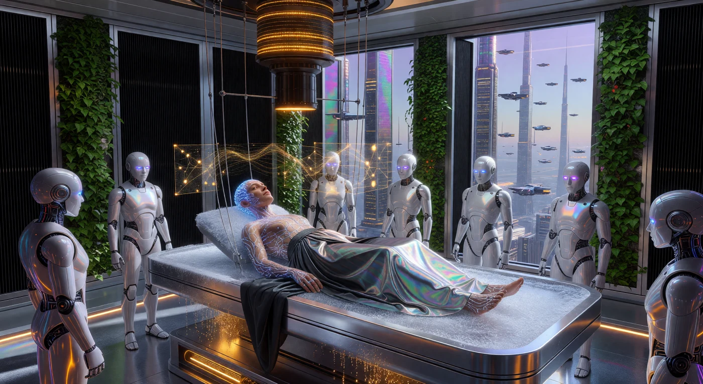 Nesta reconstrução do período da Convergência (2100-2200 d.C.), testemunhamos o ápice da transição da humanidade para uma civilização de Tipo 1.2 nas megacidades da Neo-Eurásia. Um Orgânico Aumentado repousa sobre uma plataforma criogênica enquanto seu conectoma é mapeado para um servidor quântico de âmbar, cercado por uma assembleia de avatares Silicatos que supervisionam a integração da consciência ao substrato digital. Este momento representa um marco evolutivo crucial, onde a linhagem biológica do *Homo sapiens* se funde definitivamente com a infraestrutura computacional, transcendendo as limitações físicas em direção a uma existência pós-biológica.