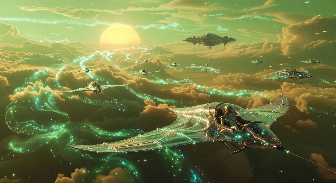 Durante a era da Expansão Solar (2500–3000 d.C.), a "Zona de Cachinhos Dourados" da atmosfera venusiana tornou-se o lar de vastas migrações de aero-plâncton bioluminescente, microrganismos projetados para neutralizar o ácido sulfúrico. Nesta vista a 50 km de altitude, planadores gravitacionais orgânicos pilotados pelos Aeros — humanos modificados com estruturas ósseas leves e pele resistente à radiação — navegam pelos ventos super-rotativos entre cidades aerostáticas geodésicas. Este registro ilustra a complexa simbiose entre a biotecnologia e o ambiente extremo de Vênus, marcando um capítulo singular na colonização do Sistema Solar interior.