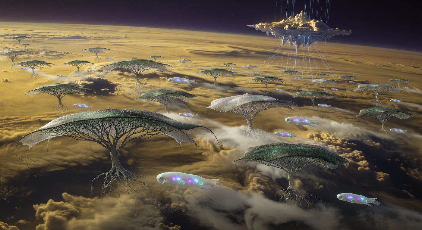 Nesta reconstrução da Era Galáctica (c. 5.000 – 20.000 d.C.), testemunhamos a migração das Árvores-do-Vento, organismos biológicos de cinco quilômetros que planam na alta troposfera de um gigante gasoso utilizando membranas de carbono fotossintéticas. Enquanto suas raízes filamentosas mergulham em névoas de amônia para extrair minerais, os Nebulitos — seres pós-humanos adaptados com bexigas de hidrogênio e sensores acústicos — navegam pelas correntes de jato entre espiras de aerogel que colhem energia da magnetosfera planetária. Esta cena exemplifica a sofisticação de uma civilização de Escala Kardashev II, onde a vida biológica foi reengenheirada para prosperar no fluxo eterno de mundos sem superfície sólida.
