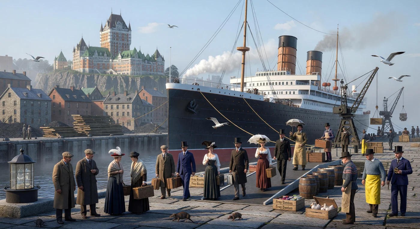 In de vroege ochtendmist van 1905 meert een kolossaal stoomschip aan bij de kades van Quebec, terwijl het majestueuze Château Frontenac boven de bedrijvige Basse-Ville uittorent. De kade is een levendige smeltkroes van de Belle Époque; hier ontmoeten elegant geklede aristocraten en bepakte Europese immigranten elkaar tussen de stoom van hydraulische kranen en stapels goederen. Deze scène verbeeldt de 'Grote Compressie', een tijdperk waarin de overgang van zeil naar stoom de oceanen transformeerde van barrières tot snelle verbindingen voor miljoenen mensen op zoek naar een nieuw bestaan.
