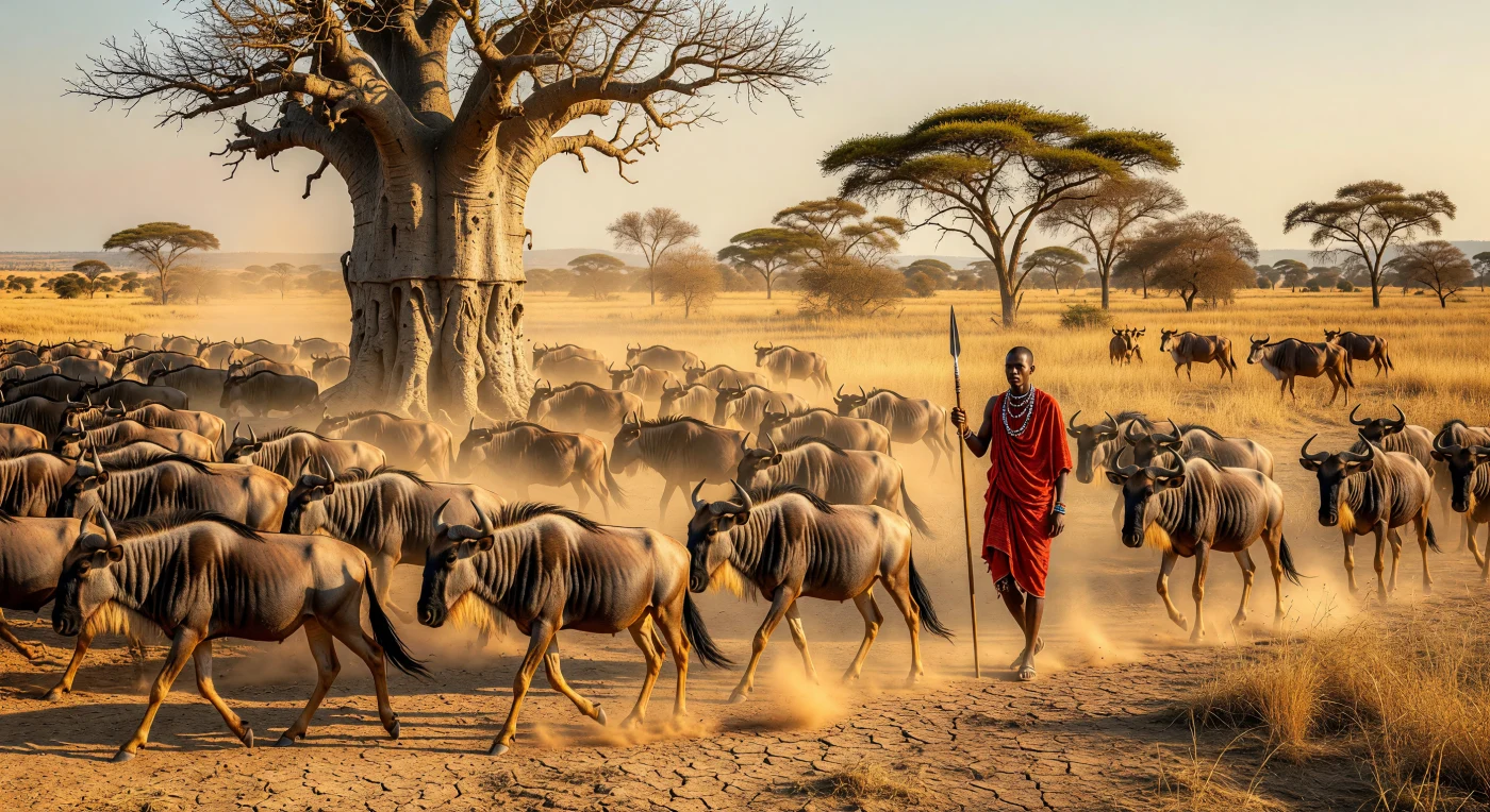 In questa suggestiva veduta del Serengeti nel 1938, una vasta mandria di gnu azzurri attraversa la savana dorata, sfrecciando accanto a un colossale baobab secolare che domina il paesaggio arido. Sullo sfondo, un pastore Maasai, armato di una lancia tradizionale e avvolto in tessuti tinti con ocra rossa, sorveglia con calma il suo bestiame Zebu tra le acacie. Questa scena cattura la profonda continuità delle tradizioni pastorali e dei cicli naturali dell'Africa Orientale durante il periodo tra le due guerre mondiali, un'epoca di trasformazioni coloniali in cui la vita rurale manteneva ancora i suoi ritmi ancestrali.