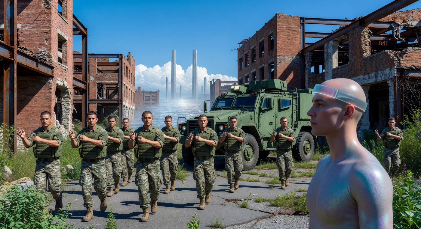 Inmitten molekular rekonstruierter Industrieruinen des 21. Jahrhunderts vollzieht eine Gruppe von Bio-Replikaten des *Homo sapiens* eine choreografierte Militärpatrouille neben einem massiven MRAP-Gefechtsfahrzeug. Diese Momentaufnahme aus der Ära des „Horizonts“ (ca. 450.000 n. Chr.) illustriert das Leben auf Terra Memoria, wo die Erhaltungsprotokolle des Kustos-Mandats die gewaltvolle Geschichte der Ur-Menschheit als ästhetisiertes, statisches Ritual bewahren. Während ein „erwachter“ Pilger in einem hochmodernen Avatar-Körper die Szenerie studiert, stabilisieren im Hintergrund gigantische Gravitations-Ankerstifte die Erdkruste unter einem Himmel, der durch eine Sol-Dyson-Hülle in ewigem, perfektem Licht gehalten wird.