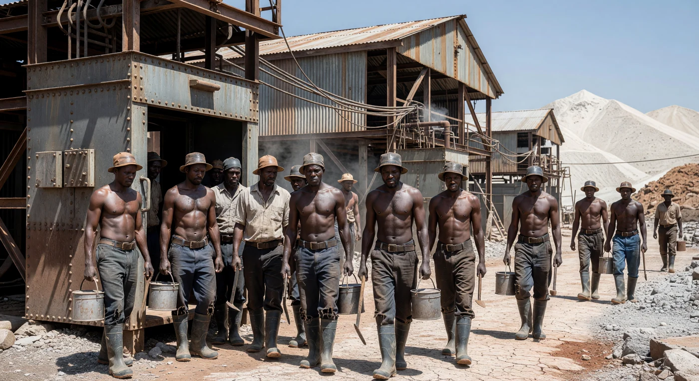 Mineiros das etnias Zulu e Xhosa emergem de um elevador de aço rebitado, com a pele brilhando de suor e poeira de rocha após um turno exaustivo nas profundezas de Joanesburgo. Ambientada no final da década de 1930, a cena ilustra a escala monumental da mineração de ouro no Witwatersrand, emoldurada por galpões de zinco e pelas icônicas montanhas brancas de resíduos de cianeto que definiam a paisagem industrial. Equipados com botas de borracha pesadas e proteções de couro artesanais, esses homens representavam a força de trabalho vital que sustentava a economia colonial sul-africana durante a era das Guerras Mundiais.