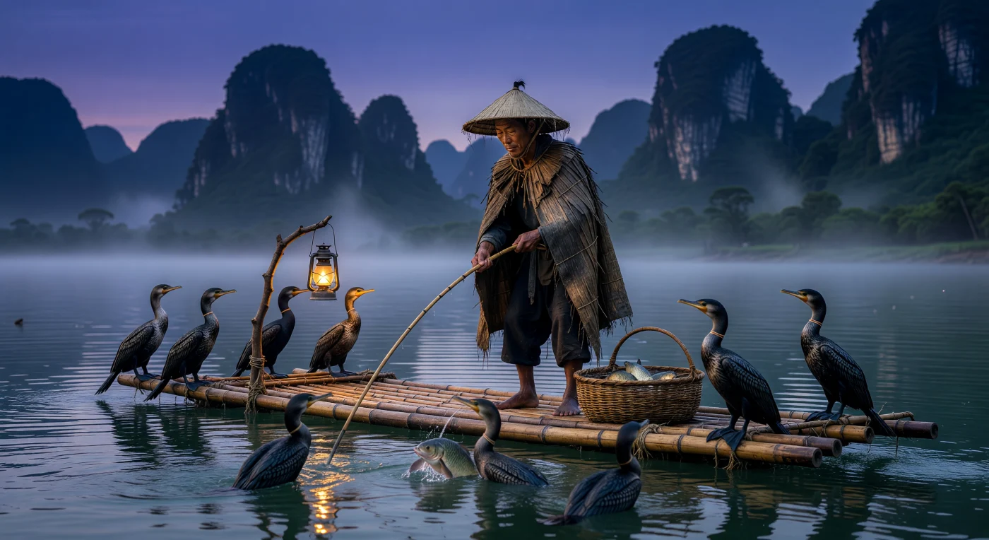 A Ming Dynasty fisherman navigates a traditional bamboo raft along the Li River, silhouetted against the iconic karst limestone peaks of southern China at twilight. He wears a traditional rain cape crafted from layered palm fibers while employing trained cormorants to dive for carp—a specialized fishing method that flourished during the Ming era. The warm glow of the iron lantern serves to attract fish to the surface, illustrating the sophisticated harmony between traditional labor and the river ecosystem in the Late Middle Ages.