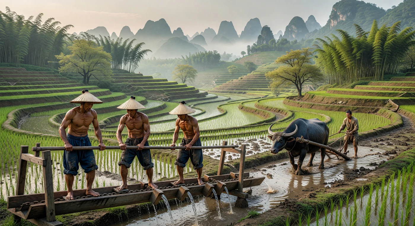 In 15th-century Ming Dynasty China, Han Chinese peasants operate a "dragon-bone" water lift to irrigate the lush rice terraces of the southern karst regions. This wooden chain pump, powered by rhythmic footwork, was essential for maintaining the flooded paddies where water buffalo assisted in the grueling labor of the spring planting season. The scene illustrates the sophisticated hydraulic engineering and intensive manual agriculture that sustained the world’s most populous and technologically advanced medieval society.