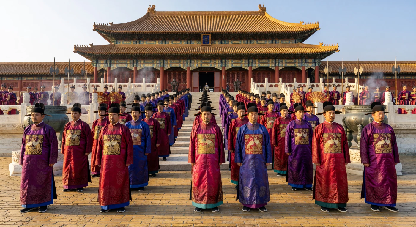 High-ranking Ming Dynasty officials gather on the three-tiered marble terraces of the Forbidden City’s Hall of Supreme Harmony during a formal morning audience circa 1580. Dressed in silk robes adorned with intricate rank patches (buzi) and distinctive wushamao hats, these scholar-bureaucrats represent the complex Confucian administration that governed 16th-century China. The surrounding architecture, characterized by brilliant yellow glazed tiles and red-lacquered timber, serves as a powerful visual manifestation of the Emperor’s divine mandate and the central role of ritual in the Ming court.