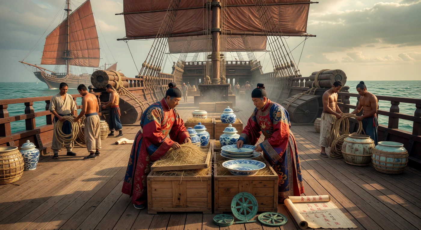 High-ranking Ming Dynasty officials inspect a cargo of fine blue-and-white porcelain aboard a massive treasure ship (Baochuan) during the early 15th century. Under the Yongle Emperor, Admiral Zheng He commanded vast fleets of these nine-masted vessels, which utilized advanced bamboo-battened sails to navigate trade routes spanning from the South China Sea to the East African coast. These expeditions represented the pinnacle of medieval naval engineering and imperial soft power, facilitating a global exchange of luxury goods, culture, and diplomatic prestige.