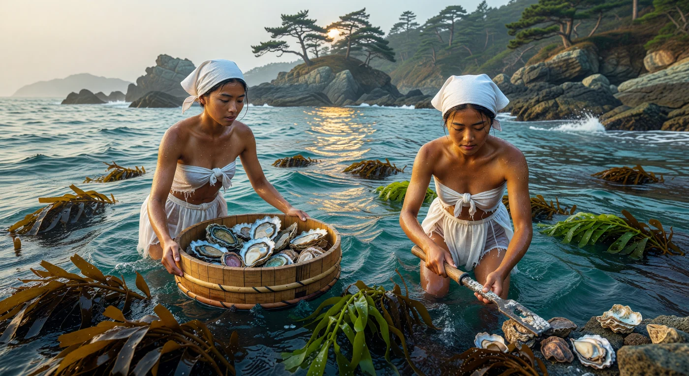 明治28年（1895年）頃の伊勢志摩の海岸にて、伝統的な白い綿の腰巻きと手拭いのみを身に纏った海女たちが、アワビや真珠貝を満載した木桶と共に険しい波間から姿を現します。岩場に生い茂る昆布の森から浮上した彼女たちの手には、獲物を剥ぎ取るための鉄製の「磯金」が握られており、その日焼けした身体は数千年以上続く素潜り漁の過酷な日常を物語っています。近代的な潜水器具を一切使わず、自らの呼吸のみを頼りに海の恵みを糧とした人々の力強い営みが、明治の朝の柔らかな光の中に描き出されています。