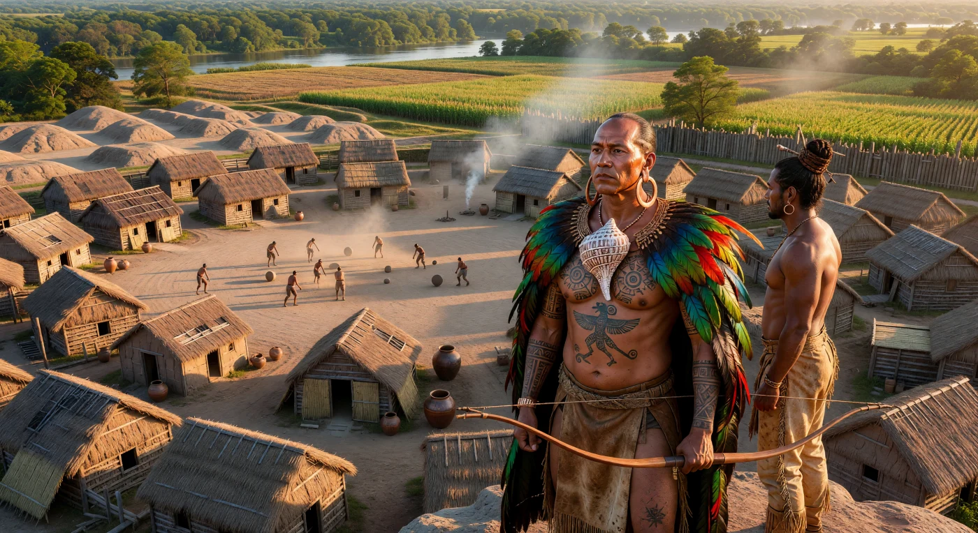 Standing atop the massive earthen Monks Mound, the "Great Sun" chief surveys Cahokia, the largest urban center in pre-contact North America during the 12th century. His ornate lightning whelk gorget and copper ornaments signify a complex social hierarchy and extensive trade networks that stretched from the Gulf Coast to the Great Lakes. Below, a densely populated city of wattle-and-daub homes surrounds vast plazas where citizens engage in ritual games like Chunkey, while the "Three Sisters" crops—maize, beans, and squash—flourish in the fertile Mississippi River floodplain.