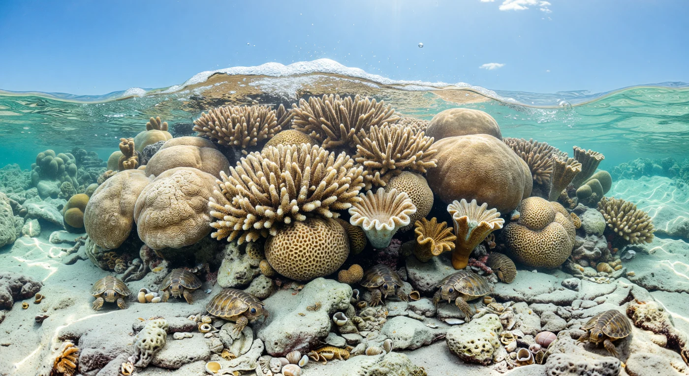 Auf der Brandung ausgesetzten Riffkrone eines warmen devonischen Flachmeers vor etwa 393–383 Millionen Jahren ragen mehrere Meter große, hell beige Kuppeln von Stromatopora auf, verflochten mit fingerförmigen Ästen von Amphipora, wabenartigen Kolonien von Favosites und einzelnen Hornkorallen der Gattung Heliophyllum. Über den cremefarbenen Kalkschutt krabbeln kleine Phacops-Trilobiten mit ihren auffallend großen Facettenaugen, winzig wirkend vor dem massiven Riffgerüst. Solche Stromatoporen-Korallen-Riffe gehörten im Mitteldevon zu den wichtigsten Ökosystemen tropischer Epikontinentalmeere und wurden von warmem, klarem Wasser sowie starker Wellenenergie geformt. Die Szene zeigt eine Welt lange vor modernen Korallenriffen – ein leuchtendes Fenster in eine Zeit, als Schwämme, Korallen und Trilobiten die flachen Ozeane beherrschten.