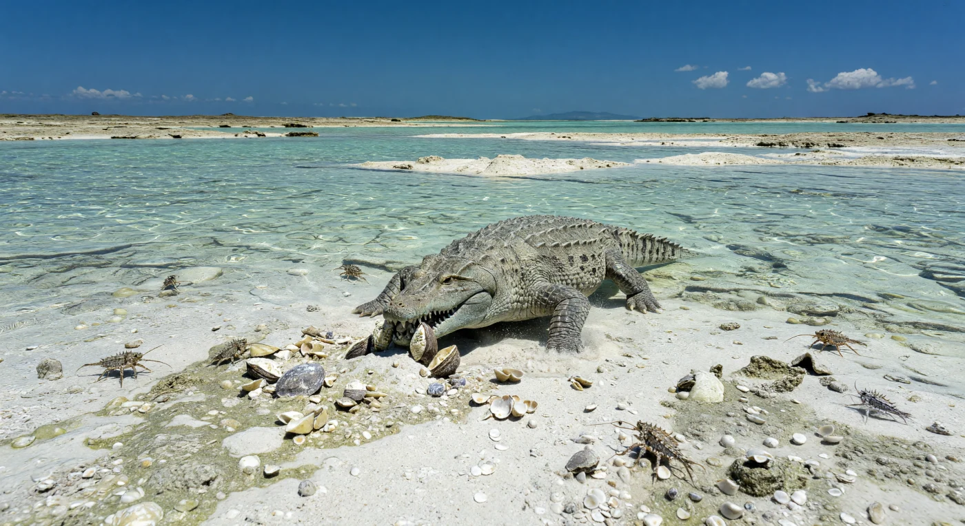 Auf einer flachen Karbonatplattform der mittleren Trias vor etwa 247–237 Millionen Jahren watet ein rund 1,3 Meter langer Placodus durch türkisfarbenes Wasser über weißem Muschelsand und zerbeißt mit seinem breiten, stumpfen Schädel hartschalige Myophoria-Muscheln und kleine Brachiopoden. Zwischen zerbrochenen Schalenresten und aufgewirbeltem Kalkschlamm suchen stachelige Pemphix-Krebse von etwa 20 Zentimetern Länge nach Nahrung. Solche warmen Schelfmeere der Tethys gehörten zu den wichtigsten Lebensräumen der frühen Meeresreptilien, die sich nach dem großen Massenaussterben am Ende des Perms in einer sich erholenden Welt neu ausbreiteten.