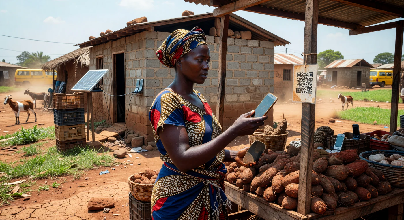 Een West-Afrikaanse vrouw in traditionele Ankara-kleding scant een QR-code bij een marktkraam vol yams en cassave, een tafereel dat de snelle digitale transformatie van het continent in het begin van de 21e eeuw weerspiegelt. Terwijl de fysieke infrastructuur vaak beperkt bleef, zorgde de opkomst van mobiel bankieren voor een technologische sprong voorwaarts, waardoor moderne financiële diensten zelfs in rurale gebieden toegankelijk werden. Dit samenspel tussen kleinschalige landbouw en geavanceerde fintech illustreert de vindingrijkheid en de unieke economische ontwikkeling van Afrika tijdens het digitale tijdperk.
