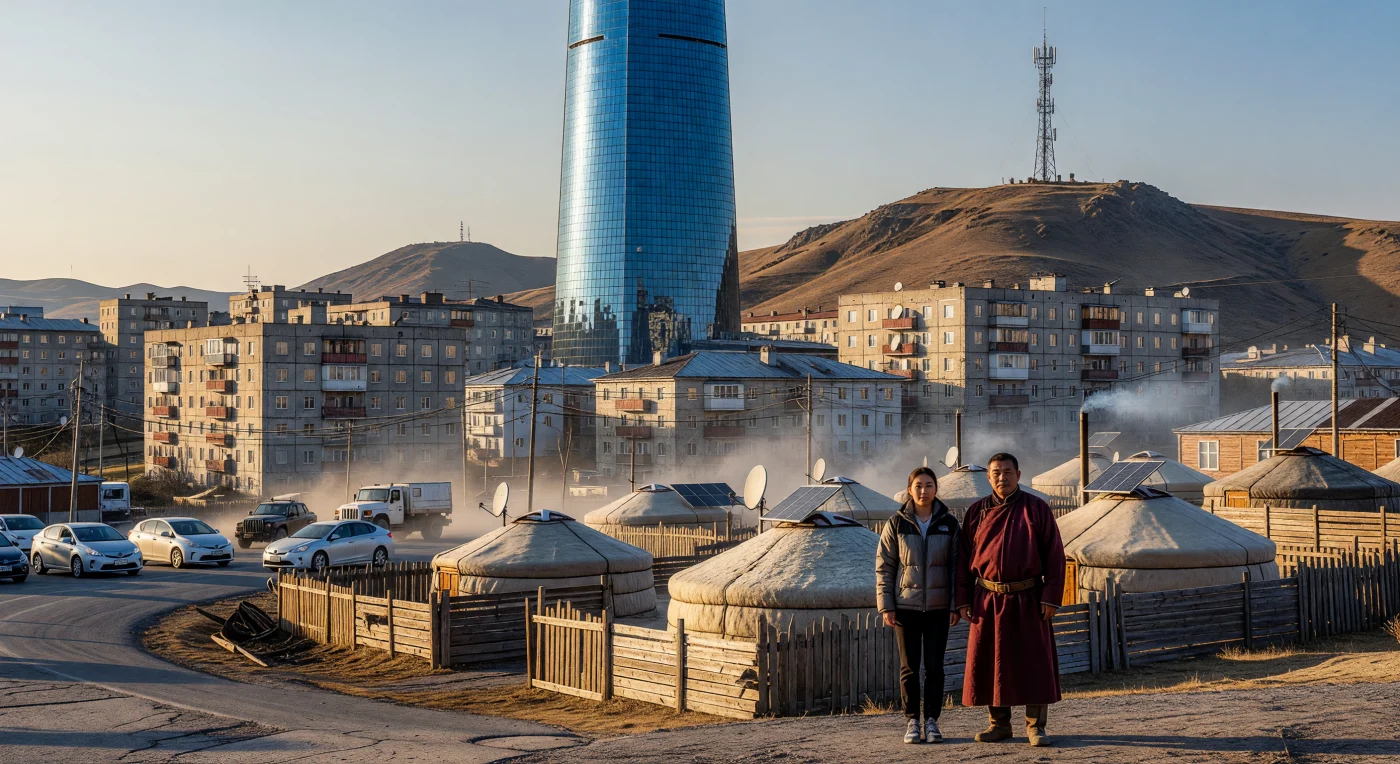 This vista of Ulaanbaatar captures the dramatic architectural evolution of Mongolia’s capital during the Digital Age, centered on the sail-shaped Blue Sky Tower. The gleaming glass skyscraper stands in stark contrast to the surrounding Soviet-era concrete blocks and the traditional "ger districts," where felt yurts are increasingly integrated with modern 4G infrastructure and solar technology. This scene illustrates a complex cultural synthesis, where 21st-century globalization and nomadic heritage coexist within a landscape shaped by rapid urbanization and the region's harsh, high-altitude climate.
