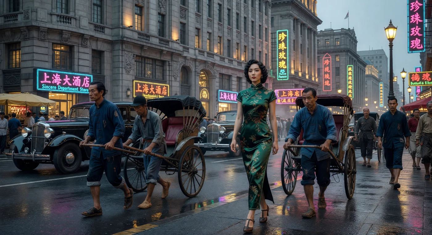A sophisticated woman in a floral silk qipao walks through the neon-lit streets of 1930s Shanghai, set against a backdrop of towering Art Deco architecture and traditional rickshaws. Known as the "Paris of the East," Republican-era Shanghai was a cosmopolitan hub where Western modernism and Chinese tradition intersected, exemplified here by the "Modern Girl" aesthetic and the iconic neoclassical facades of the Bund. This scene captures the stark social contrasts of the period, juxtaposing the elegant silk-clad elite with the labor-intensive reality of indigo-clothed workers navigating the humid, rain-slicked urban landscape.