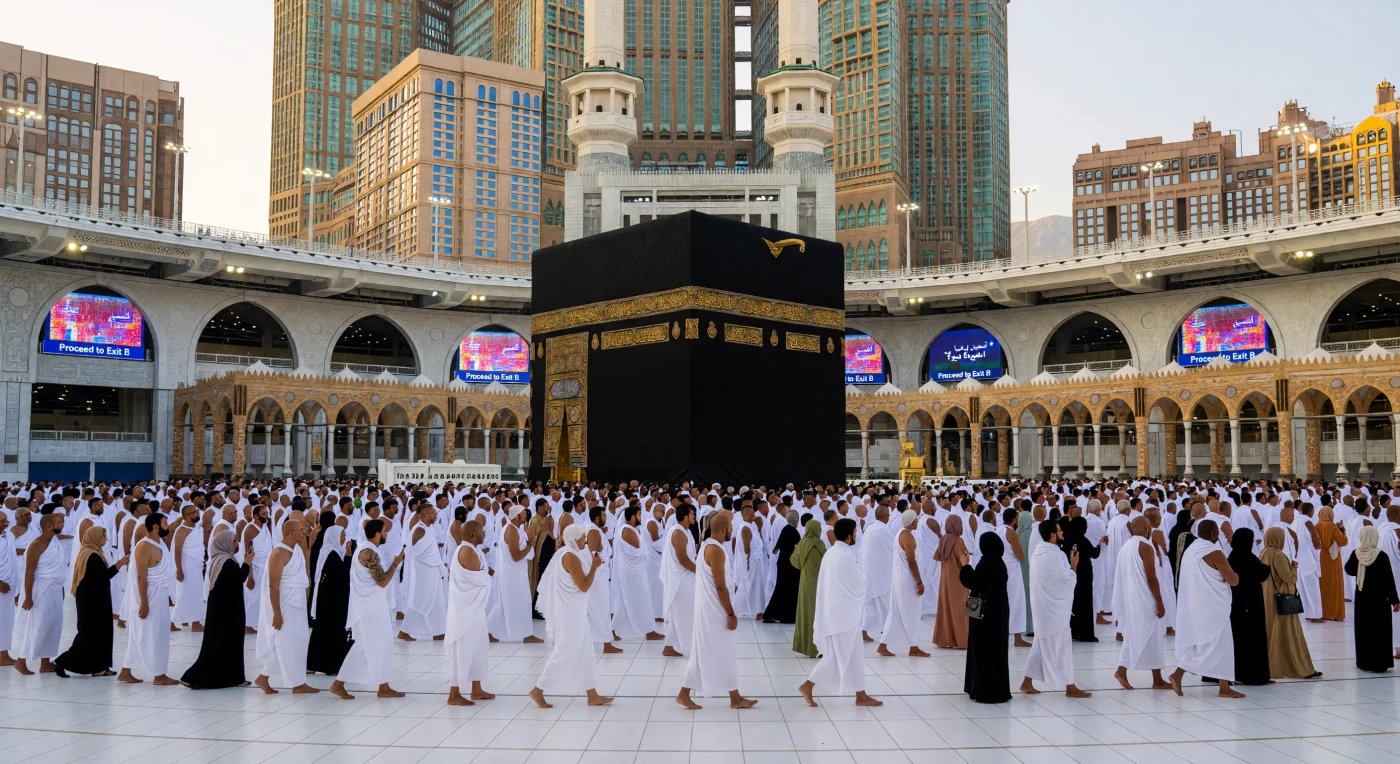 In deze indrukwekkende weergave van de Masjid al-Haram in Mekka cirkelen duizenden pelgrims in witte ihram-gewaden rond de met goud geborduurde Kaaba, terwijl de gepolijste marmeren vloer het warme licht van het gouden uur reflecteert. De scène illustreert de unieke samensmelting van eeuwenoude spirituele tradities en de hypermoderniteit van het digitale tijdperk, zichtbaar door de integratie van geavanceerde LED-informatieschermen en het gebruik van smartphones door de gelovigen. Tegen de achtergrond van de immense Abraj Al-Bait-klokkentoren toont dit beeld hoe technologische vooruitgang en mondiale diversiteit de islamitische bedevaart in de 21e eeuw hebben getransformeerd.