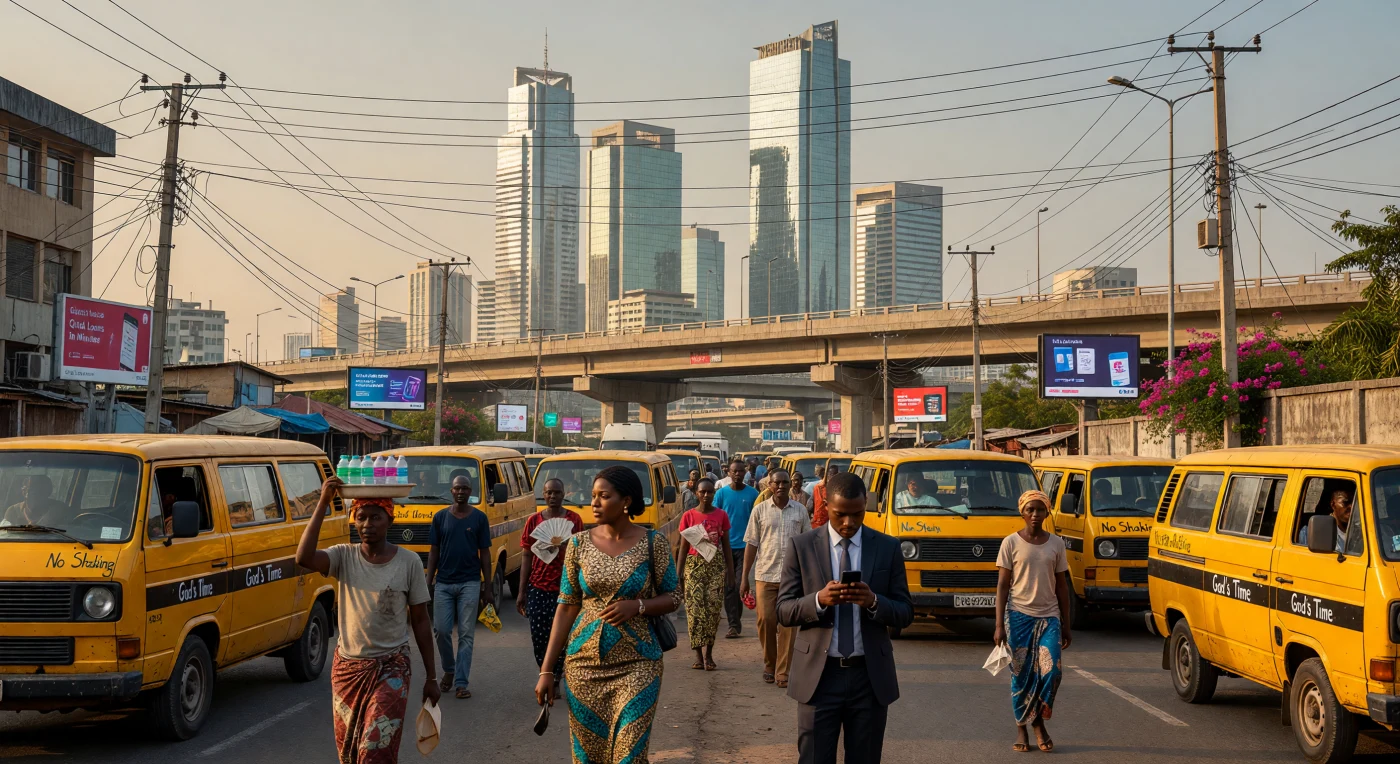 Die Skyline von Eko Atlantic mit ihren gläsernen Wolkenkratzern erhebt sich über das pulsierende Lagos, wo die ikonischen gelben Danfo-Busse den dichten Verkehr auf den Betonviadukten dominieren. Diese Szene aus den frühen 2020er Jahren illustriert den markanten Kontrast zwischen hochmoderner Stadtentwicklung und dem dynamischen, organischen Wachstum einer der am schnellsten wachsenden Megastädte der Welt. Inmitten von Gewirr aus Stromleitungen und digitaler Werbung verschmelzen traditionelle Ankara-Textilien mit modernster Mobiltechnologie und verkörpern so das afrikanische Zeitalter des technologischen „Leapfrogging“.