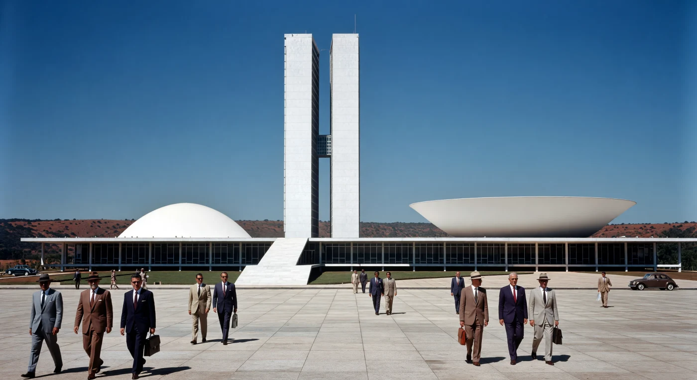 Dit beeld toont het iconische Nationaal Congres in Brasília kort na de inhuldiging in 1960, een meesterwerk van modernistische architectuur ontworpen door Oscar Niemeyer. Tussen de kenmerkende witte koepels en de strakke administratieve torens wandelen ambtenaren in nauwsluitende tropische pakken, wat het naoorlogse optimisme en de ambitie van de nieuwe hoofdstad weerspiegelt. De futuristische structuren van gewapend beton vormen een scherp contrast met de uitgestrekte rode aarde van het Braziliaanse hoogland, symbool staand voor een tijdperk van technologische vooruitgang en nationale eenheid.