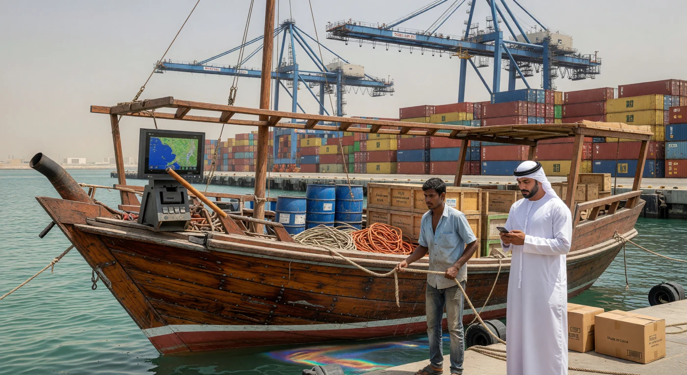 A traditional teak-wood dhow, modernized with a diesel engine and GPS navigation, sits docked against the monolithic backdrop of the Jebel Ali port in Dubai. This scene captures the jarring intersection of the Middle East’s ancient seafaring heritage and its role as a hyper-industrialized hub of the early 21st-century digital age. While the vessel’s hand-oiled hull reflects centuries of maritime tradition, its diverse crew and cargo of globalized commodities embody the complex labor dynamics and technological shifts defining the modern Persian Gulf.