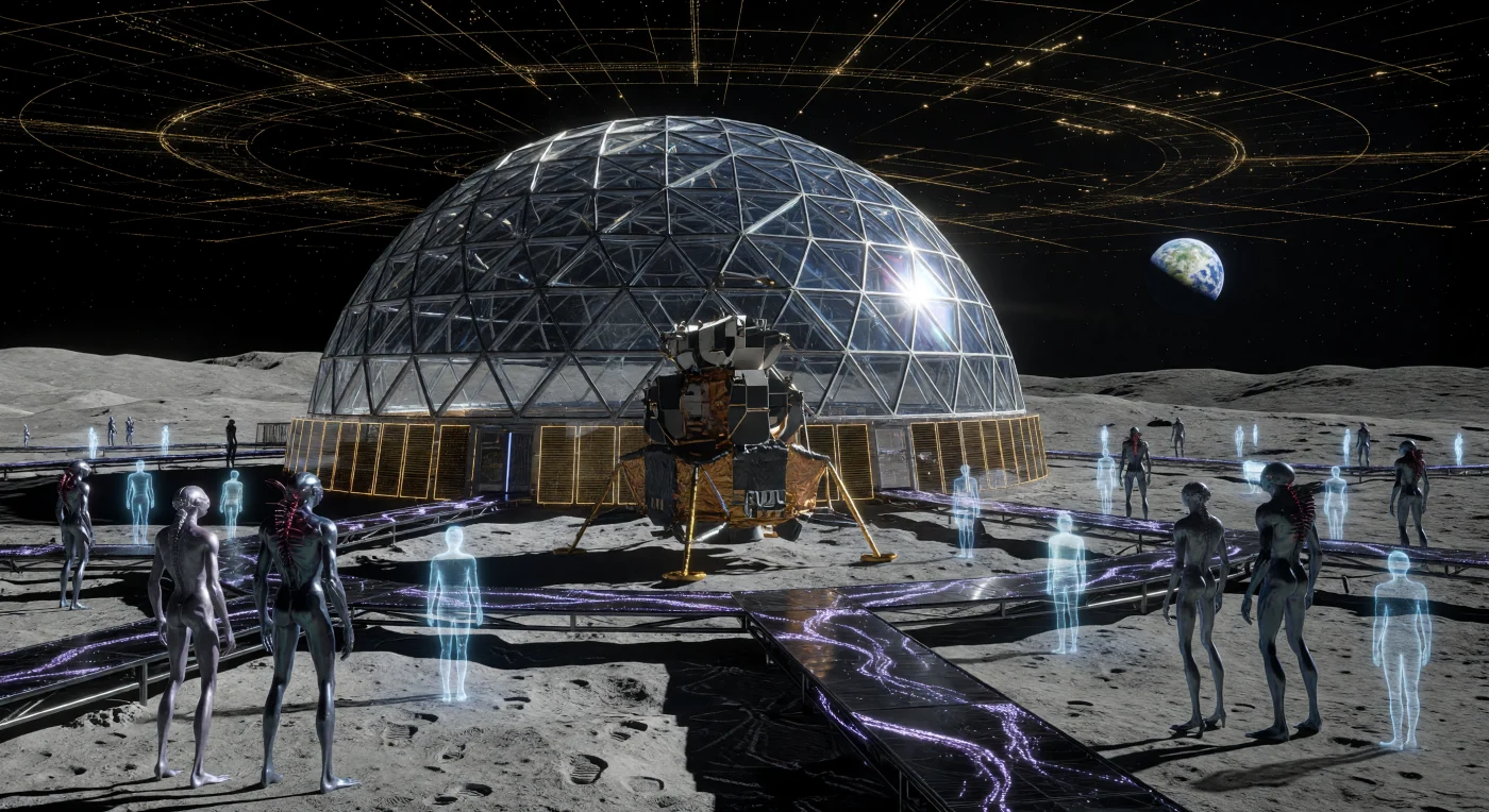 En el corazón del Mare Tranquillitatis, el módulo lunar *Eagle* de 1969 se conserva como una reliquia fundacional bajo una colosal cúpula de diamante, protegida por campos de estasis que mantienen intactas las primeras huellas humanas. Durante el Alba Interestelar (3000–5000 d.C.), este santuario es visitado por *Litho-Sapiens* de piel metalizada y avatares holográficos de Inteligencias de Sustrato Independiente (*SIs*), quienes contemplan los humildes inicios de su especie frente al resplandor del Enjambre de Dyson que envuelve al Sol. Esta escena ilustra la profunda escala temporal de la evolución tecnológica, contrastando la fragilidad de la exploración espacial temprana con la ingeniería titánica de una civilización que ha reclamado su sistema estelar.