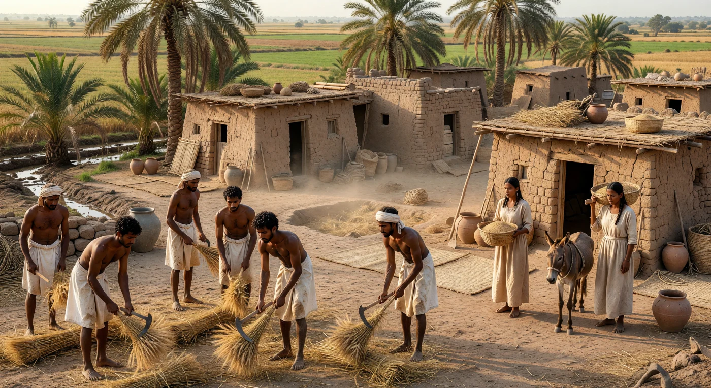 Au bord de la plaine inondable du Nil vers 900 av. J.-C., des paysans égyptiens moissonnent l’amidonnier à l’aide de faucilles de bois garnies de lames de silex, tandis que des femmes transportent le grain dans des paniers près d’un âne attaché et de palmiers-dattiers. Le village derrière eux, formé de modestes maisons en brique crue aux toits plats de roseaux et de boue, évoque la vie quotidienne de la Troisième Période intermédiaire, une époque où l’agriculture demeurait le fondement de la société égyptienne malgré les divisions politiques du pays. La scène rappelle combien la richesse de l’Égypte reposait d’abord sur le rythme des crues du Nil, qui nourrissaient champs, villages et familles ordinaires.