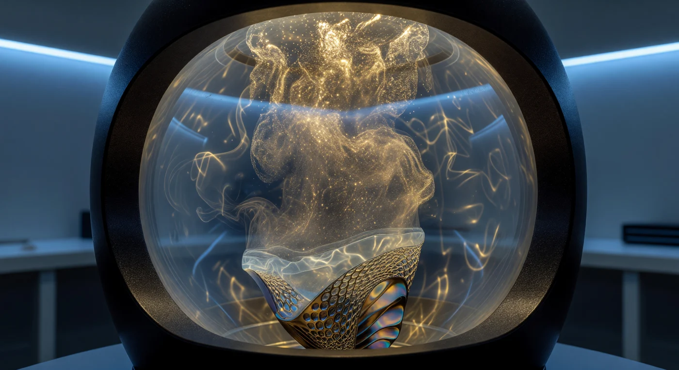 In deze moleculaire assembler uit 2148 zien we hoe een wervelende nevel van elementair koolstof en titanium stolt tot een turbineblad met een complex, biomimetisch gyroid-rooster. Tijdens het tijdperk van 'De Convergentie' bereikte de technologische evolutie een punt waarop materie op atomair niveau werd gemanipuleerd, een proces dat de fundamentele biomineralisatie van prehistorische organismen nabootst met de precisie van een kwantumcomputer. Deze 'gouden mist' in een kamer van silica-aerogel markeert het moment in de diepe tijd waarop de grens tussen geologische grondstoffen en door de mens ontworpen technologie definitief vervaagde.