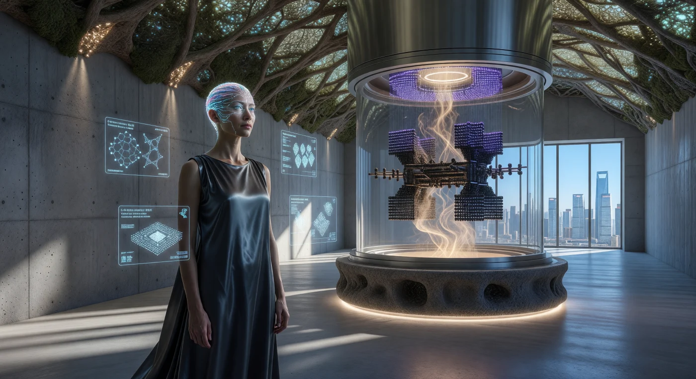 In de Shanghai Fab-Hub van de Techno-Pacific Alliance (circa 2092) ziet u een 'Neural Symbiont', een menselijke vorm uit het tijdperk van de Augmented Dawn die via een cerebraal grafeennetwerk direct verbonden is met een wereldwijd AI-netwerk. Binnen een vacuümkamer van transparant aluminium wordt een drone van koolstofnanobuisjes atoom voor atoom opgebouwd door optische pincetten, aangedreven door de stralingsarme energie van een helium-3 fusiereactor. Deze scène toont de technologische climax van de late 21e eeuw, waarin architecturale structuren van levend mycelium en bio-beton de ruggengraat vormen van een koolstofneutrale beschaving die de grenzen tussen biologie en synthese deed vervagen.