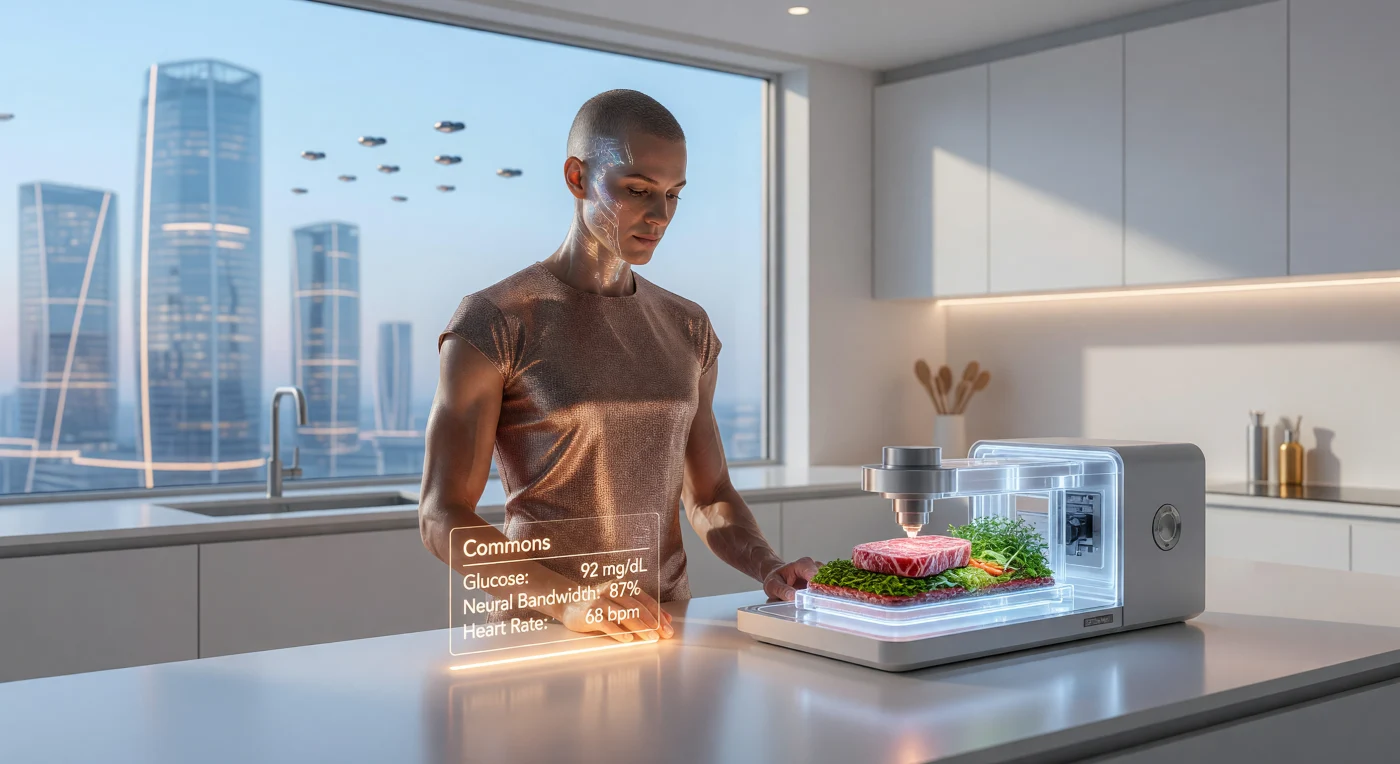 In einer Londoner Arkologie des Jahres 2084 bereitet ein Vertreter von *Homo sapiens optima* mittels eines molekularen Assemblers eine Mahlzeit aus kultiviertem Fleisch und synthetischem Grün vor. Ein subdermales neuronales Graphen-Geflecht projiziert dabei biometrische Echtzeitdaten als bernsteinfarbenes Overlay auf die minimalistische Keramikoberfläche der Küche, während im Hintergrund die Silhouette vertikaler Habitate aufragt. Diese Szene aus der Ära der „Augmentierten Dämmerung“ illustriert die technologische Nische der Transatlantischen Union, in der CRISPR-optimierte Biologie und drahtlose Fusionsenergie zu einer hocheffizienten, synchronisierten Lebensweise verschmolzen.