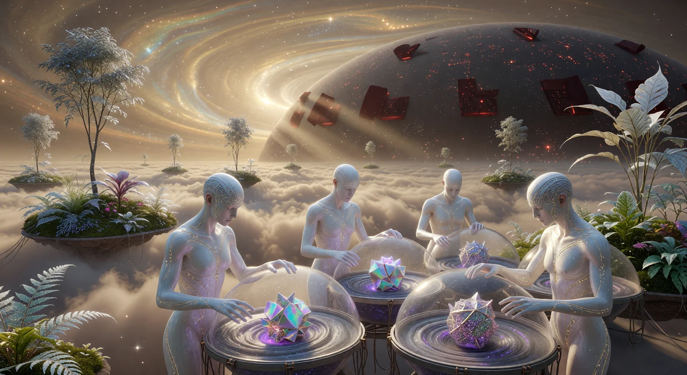 Diese Rekonstruktion aus der Ära der „Erwachten“ (ca. 100.000 bis 1.000.000 n. Chr.) zeigt eine atmosphärische Molekularfarm innerhalb eines gigantischen Aureole-Habitats, in dem organische Materie direkt aus der kohlenstoffreichen Gashülle eines K-Typ-Sterns synthetisiert wird. Inmitten von genetisch optimierter neo-borealer Flora bedienen polymorphe Substrat-Entitäten – die postbiologischen Nachfahren der Menschheit – pulsierende Membransphären, welche komplexe Nährstrukturen durch hochfrequente molekulare Bindungsprozesse physisch manifestieren. Das Bild verdeutlicht die technologische Meisterschaft einer Zivilisation des „Long-Now“, die Materie als programmierbare Software begreift und die Grenzen zwischen Biologie und Ingenieurskunst in der fernen Zukunft der Milchstraße vollständig aufgelöst hat.