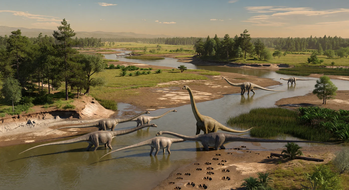 안개 낀 황금빛 아래, 북아메리카 서부의 모리슨층 범람원에서는 길이 24–27미터에 이르는 디플로도쿠스 무리가 탁한 갈녹색 강을 천천히 건너고, 그 곁으로 머리가 지상 약 12미터 높이까지 솟은 브라키오사우루스 한 마리가 침엽수 숲과 양치식물 초지 사이를 압도적인 존재감으로 지나갑니다. 이 장면은 약 1억 5,500만~1억 4,800만 년 전 후기 쥐라기의 로라시아를 보여 주며, 진흙 둑에 남은 거대한 용각류 발자국과 세 갈래 수각류 발자국은 당시 이 충적 평야가 거대 초식공룡과 포식공룡이 함께 오가던 살아 있는 생태계였음을 말해 줍니다. 꽃과 풀 대신 소철류, 속새, 침엽수가 지배하던 세계에서, 디플로도쿠스와 브라키오사우루스는 깊은 시간 속 대륙 내부 범람원을 대표하는 상징적인 거인들이었습니다.