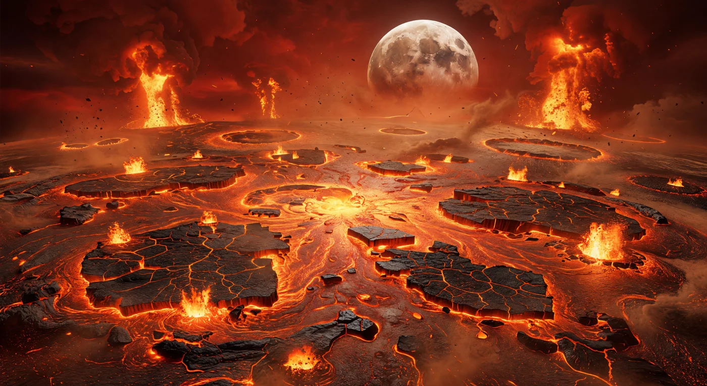 In the immediate aftermath of the Moon-forming impact about 4.51–4.47 billion years ago, Earth was a world-spanning magma ocean of incandescent ultramafic to basaltic melt, its surface broken by dark rafts of newly solidified mafic crust that cracked, drifted, and sank back into the molten mantle. Overhead hangs a much larger, freshly formed Moon, while impact basins and glowing fissures testify that the young planet was still being violently remade by collisions, convection, and heat loss. No animals, plants, microbes, or oceans existed here yet—only silicate melt, volcanic gases, and the first fleeting crust of the Hadean Eon.