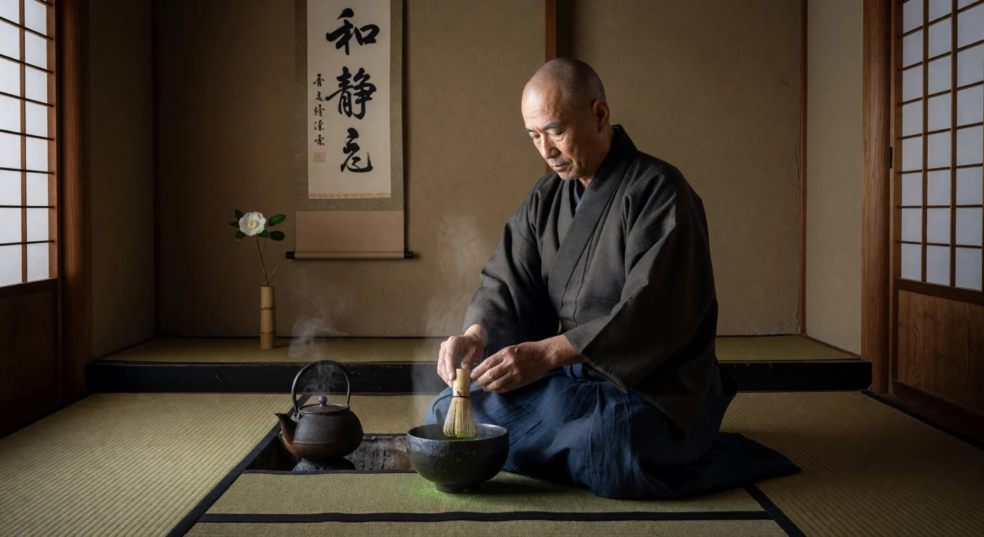 16세기 교토의 고요한 다실에서 정갈한 복장의 다도 명인이 거친 질감의 검은 라쿠 다완 속에 밝은 초록빛 말차를 정성스럽게 휘젓고 있습니다. 일본 모모야마 시대의 '와비사비' 미학을 상징하는 이 의식은 선불교의 영향을 받아 화려함 대신 절제와 명상적인 고요함을 추구했습니다. 창지를 통해 스며드는 부드러운 빛과 화로에서 피어오르는 은은한 수증기는 일상의 순간을 영적인 예술로 승화시킨 당시의 독특한 문화적 풍경을 생생하게 보여줍니다.