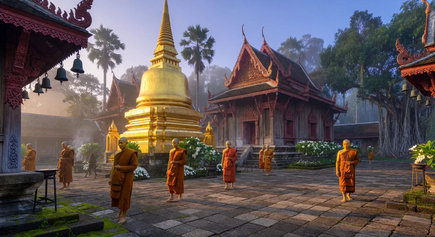 Al sorgere del sole, una processione di monaci Theravada attraversa un cortile in arenaria verso un maestoso stupa rivestito d'oro, i cui riflessi brillano attraverso la densa foschia tropicale del XVI secolo. L'architettura del tempio, con i suoi tetti in teak a più livelli e i raffinati intagli in vermiglio, testimonia lo splendore artistico dei regni del sud-est asiatico durante l'Età del Commercio. In questo scenario di profonda devozione, il rintocco dei campanelli di bronzo e il profumo del sandalo segnano l'inizio dei rituali quotidiani che hanno plasmato l'identità spirituale della regione per secoli.