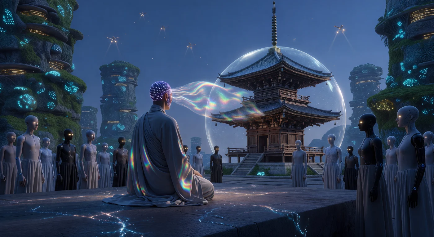 Nel 2092, durante l’era dell’Alba Aumentata, un monaco della classe dei Simbionti proietta un "Neuromime" di serenità collettiva davanti a una pagoda del XVII secolo, preservata intatta da un campo di stasi molecolare nel settore Neo-Kyoto. Questa istantanea cattura la complessa coesistenza tra la biologia umana potenziata da reti neurali in grafene e le entità esocorticali sintetiche, sullo sfondo di una megacittà sostenuta da reattori a fusione D-He3 e guglie di micelio strutturale. In un’atmosfera rigenerata a 350 ppm di CO2, il rituale Techno-Zen testimonia il culmine dell'Alleanza Tecno-Pacifica, una civiltà capace di armonizzare l'eredità storica con un'evoluzione post-biologica definita dalla sincronizzazione neurale globale.