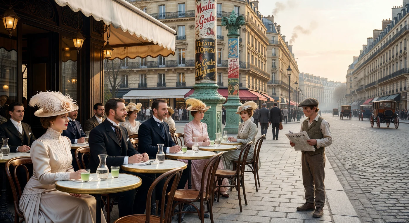 Sur cette terrasse baignée par la lumière dorée d'un après-midi de 1905, l'élégance de la Belle Époque se déploie entre les façades haussmanniennes et les colonnes Morris ornées d'affiches de spectacles. Tandis que la bourgeoisie arbore des robes à silhouette en « S » et des cols empesés autour de verres d'absinthe, la présence d'un jeune crieur de journaux en tweed rappelle les contrastes sociaux marqués de cette période de mutations rapides. Cette scène capture l'effervescence et le raffinement d'un Paris au sommet de son rayonnement culturel, juste avant les grands bouleversements du XXe siècle.
