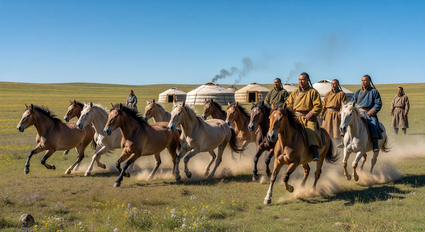 Een kudde kleine, robuuste Przewalskipaarden galoppeert over de uitgestrekte Mongoolse steppe, terwijl op de achtergrond witte vilten joerten met opstijgende rookpluimen een traditioneel kampement vormen. De aanwezige nomaden, gekleed in dikke wollen deels met zijden accenten, dragen het kenmerkende tonsuurkapsel van het dertiende-eeuwse Mongoolse Rijk. Dit tafereel vangt de essentie van de Centraal-Aziatische hoogvlakte, waar de ongeëvenaarde mobiliteit van deze geharde paarden de basis legde voor een van de grootste rijken uit de wereldgeschiedenis.