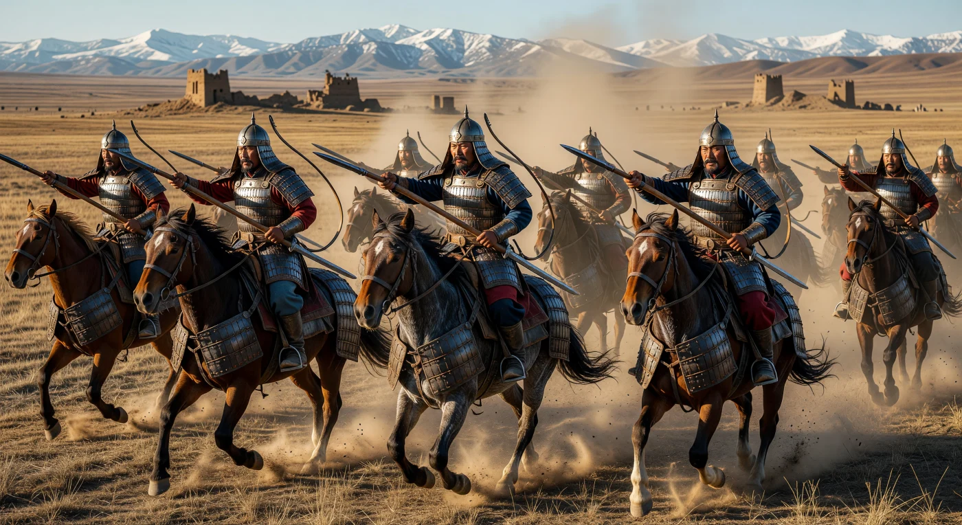 4世紀、モンゴル・マンチュリアの広大な草原を疾走する鮮卑（せんぴ）の重装騎兵団。鉄製の小札鎧（こざねよろい）を纏った戦士たちと、革製の馬甲で全身を保護された軍馬が、冷たい秋の陽光を浴びて力強く進撃しています。初期の金属製鐙（あぶみ）の普及は、騎兵に比類なき安定性と長大な矛「矟（さく）」による強力な突撃能力をもたらしました。砂塵の向こうに朽ちゆく長城の物見櫓は、北方民族の台頭とともに変貌を遂げる当時の東アジアの激動を物語っています。