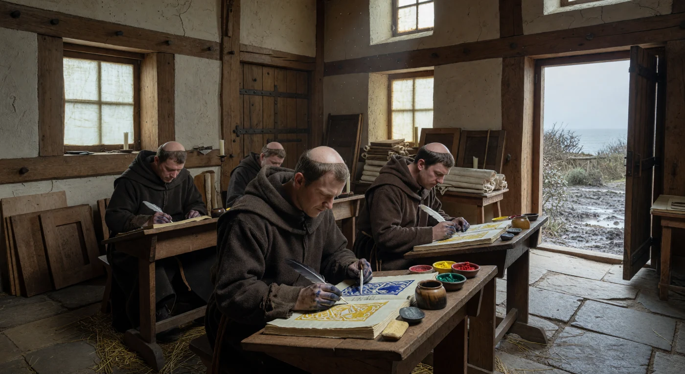 En un scriptorium de Northumbria del siglo VIII, monjes anglosajones aplican meticulosamente pigmentos de lapislázuli y oropimente sobre pergaminos de piel de ternera. Bajo la luz tamizada por ventanas de vitela, estos artesanos emplean plumas de ganso para crear complejos diseños de "estilo animal", fusionando la tradición germánica con la devoción cristiana. Esta labor silenciosa en monasterios como Wearmouth-Jarrow fue fundamental para el renacimiento cultural y la preservación del conocimiento durante la Alta Edad Media.