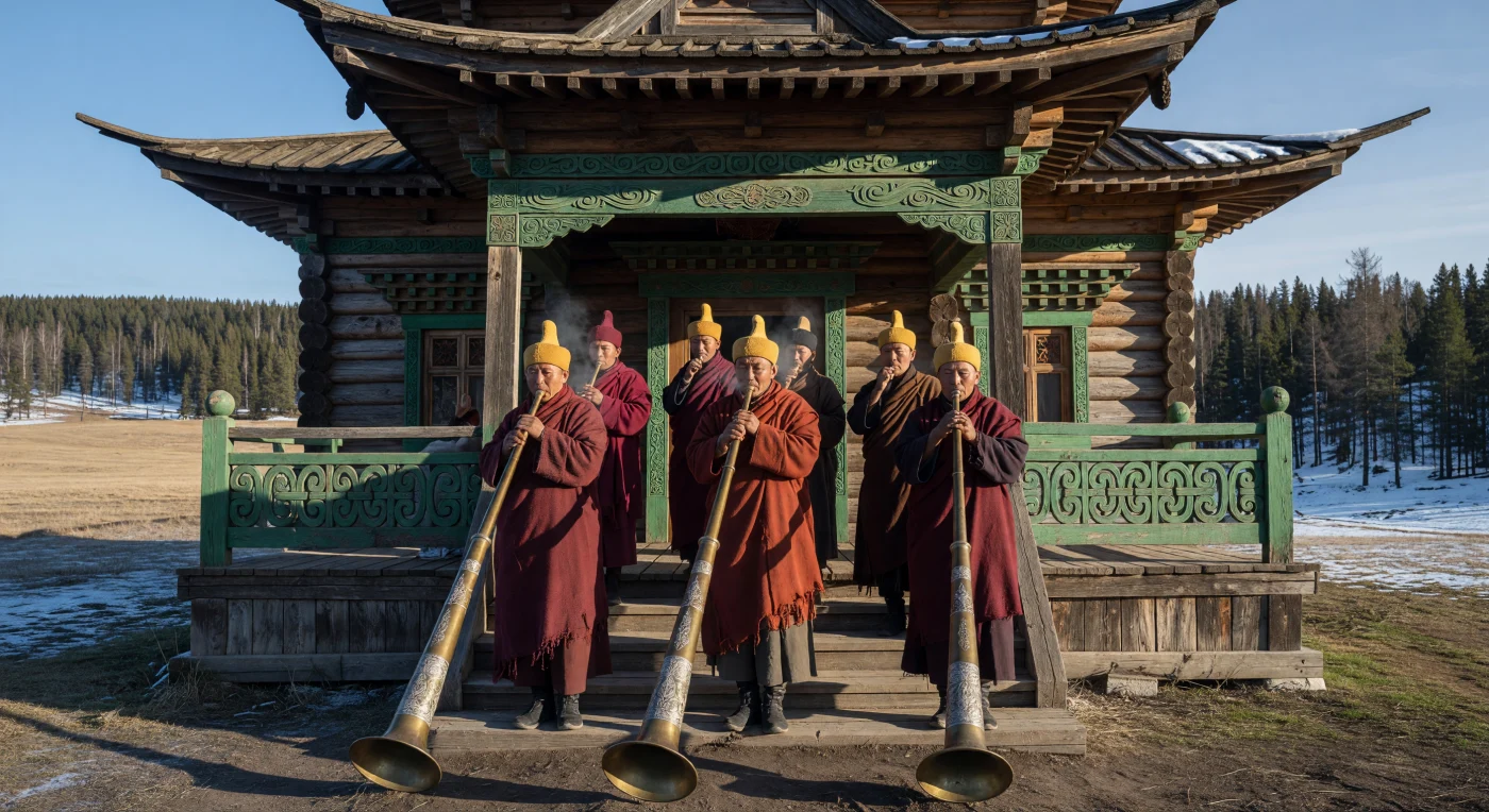 En esta evocadora imagen de principios de la década de 1930, monjes buriatos ataviados con pesadas túnicas de lana granate y sombreros amarillos de cresta hacen sonar largas trompetas *dungchen* desde las escaleras de un templo de madera cerca del lago Baikal. La arquitectura del *dugan*, construida con troncos de alerce y decorada con tallas en verde malaquita, ejemplifica la síntesis estética siberiano-tibetana frente a la inmensidad de la taiga nevada. Esta escena documenta la persistencia de los rituales budistas en el norte de Asia durante una era de agitación política, capturando un instante de solemnidad y resistencia cultural bajo el gélido sol invernal.