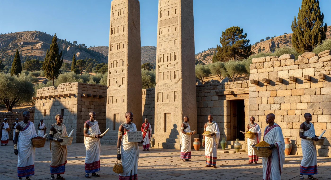 Op dit beeld rijzen de monumentale granieten stèles van Aksum omhoog tegen de strakblauwe lucht van de Ethiopische hoogvlakte, versierd met gedetailleerd snijwerk dat symbolische verdiepingen en deuren nabootst. Aksumitische edellieden, gehuld in fijn geweven wit katoen met kleurrijke randen en gouden juwelen, verzamelen zich bij imposante bouwwerken die zijn opgetrokken in de unieke "apenkop"-stijl met karakteristieke uitstekende houten balken. Als machtig handelsknooppunt op het toppunt van zijn bloei in de vierde eeuw, illustreert deze scène de rijkdom en de vroege Ge'ez-schriftcultuur van een rijk dat de cruciale verbinding vormde tussen de Romeinse wereld en de Indische Oceaan.
