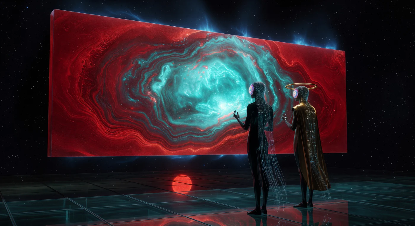 En esta majestuosa galería de vacío situada en un segmento de una Esfera de Dyson hacia el final del primer millón de años de nuestra era (aprox. 100,000 – 1,000,000 d.C.), dos observadores post-biológicos del fenotipo *Aurelian Symmetry* contemplan una pieza de "cronopigmentación" a escala monumental. La obra utiliza pintura de isótopos que, mediante un proceso de decaimiento atómico acelerado por campos temporales, transmuta del rojo interestelar a un cian bioluminiscente, emitiendo un tenue resplandor de radiación de Cherenkov sobre el lienzo de celosía de carbono. Este vestigio de la era del Horizonte documenta la Consolidación Trans-Material, un periodo donde la civilización logró dominar las fuerzas fundamentales del universo para transformar el flujo del tiempo físico en una experiencia estética de diez mil años.