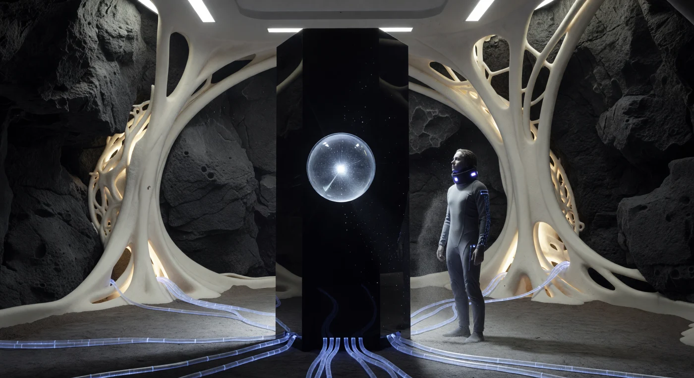 En el interior de un laboratorio de núcleo profundo en la Luna, el Monolito Thorne Chronos-Link se erige como un pilar de obsidiana que custodia un «átomo cautivo» de luz blanca, facilitando la comunicación cuántica instantánea a través del espacio. Este artefacto es emblemático de la Gran Divergencia (2200–2500 d. C.), una época donde la humanidad se fragmentó en diversas formas post-humanas adaptadas a entornos de baja gravedad, como se observa en la fisonomía elongada del técnico presente. La estructura fusiona el basalto lunar con bioarquitectura micelial de ingeniería avanzada, evidenciando el momento en que la tecnología de entrelazamiento comenzó a manipular el tejido del espaciotiempo local para unir civilizaciones separadas por el vacío interestelar.