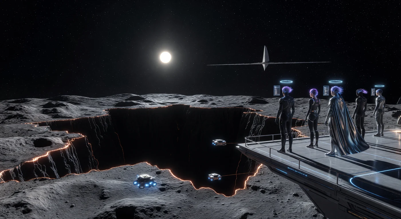 Sulla superficie basaltica dell'asteroide Vesta, una colossale voragine frattale scolpita da laser a impulsi rivela il "Vuoto Solido", un materiale avanzato a base di nanotubi di carbonio capace di assorbire il 99,9% della luce, creando l'illusione di uno squarcio infinito nel terreno planetario. Risalente all'era dell'Espansione Solare (2500-3000 d.C.), l'opera è qui contemplata da esponenti dell'élite post-umana dei "Belter", i cui corpi slanciati e le tute in aero-grafene riflettono secoli di adattamento genetico e tecnologico agli ambienti a bassa gravità. Questo monumento incarna il "Sol-Realismo", un'epoca in cui l'umanità ha convertito la propria potenza industriale in arte sublime, trasformando i corpi celesti in testimonianze eterne della propria evoluzione estetica e biologica.