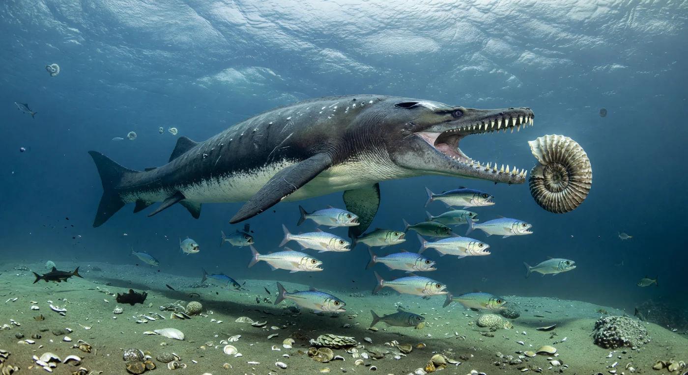 Nelle acque blu-verdi del Pacifico meridionale, al largo dell’attuale Cile circa 70–66 milioni di anni fa, un gigantesco mosasauro, Kaikaifilu hervei, lungo oltre 10 metri, irrompe dalla profondità in un attacco improvviso. Davanti alle sue mascelle armate di denti conici si disperde un banco di Enchodus, mentre un insolito ammonite del genere Diplomoceras, con la caratteristica conchiglia a forma di graffetta, fluttua vicino al pendio marino cosparso di conchiglie e sedimenti vulcanoclastici. Questa scena del Maastrichtiano racconta un oceano dell’emisfero sud caldo ma temperato, modellato dalla subduzione lungo il margine andino, dove grandi rettili marini dominavano ecosistemi ricchi e oggi del tutto scomparsi.