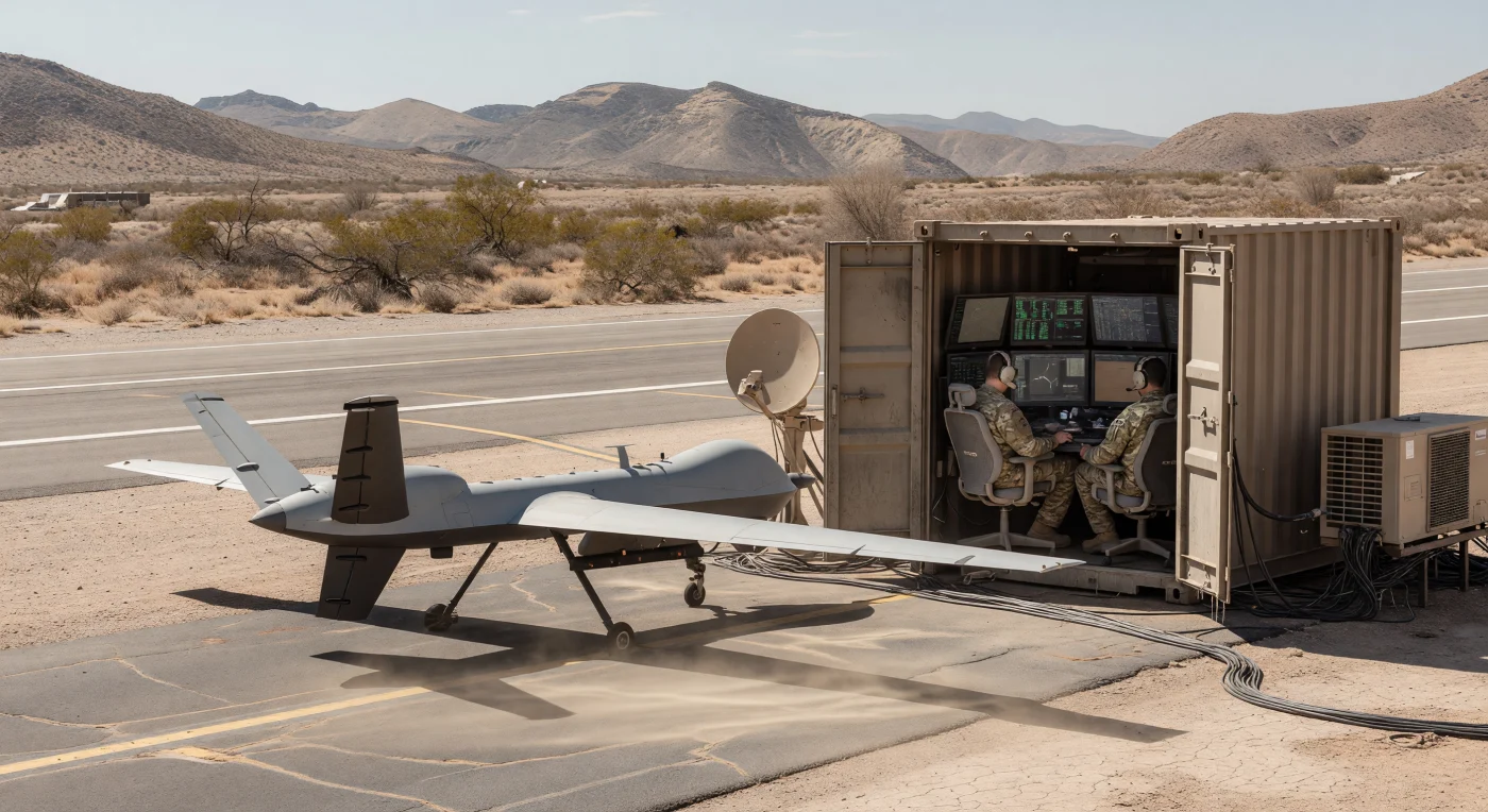 Een gestroomlijnde MQ-9 Reaper-drone rust op het gebarsten asfalt van een zonovergoten woestijnvliegveld, terwijl de hitte van de middagzon boven de horizon zindert. Vanuit een nabijgelegen, met airconditioning gekoelde ISO-container besturen operators in tactische camouflage-uniformen het onbemande toestel met behulp van een arsenaal aan monitoren en satellietdata. Dit beeld vat de essentie van oorlogsvoering in het digitale tijdperk samen: een schril contrast tussen de barre natuurlijke omgeving en de hypergeavanceerde, op afstand bestuurde technologie die militaire operaties in de vroege 21e eeuw transformeerde.