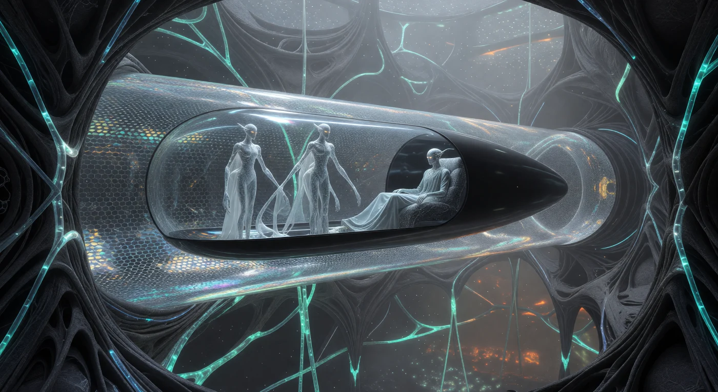 يصور هذا المشهد مركز ترانزيت هائلاً يقع على عمق 50 كيلومتراً داخل الوشاح العلوي للأرض خلال "عصر الأفق" (100,000 - 1,000,000 ميلادي)، حيث ينزلق مسبار مغناطيسي من المادة القابلة للبرمجة عبر أنفاق "الغرافين" المفرغة من الاحتكاك. تظهر في الداخل كائنات ما بعد بيولوجية ذات قامات ممشوقة وأجساد تشبه الكوارتز الشفاف، وهي تعيش في وئام تام مع معمار من "البازلت الحي" المدمج بـ "عروق هيدرولوجية" تنبض بالضوء السياني لتوزيع المغذيات الجزيئية. يمثل هذا الاندماج التقني الجيولوجي ذروة حقبة "الاستقرار العظيم"، حيث تحولت القشرة الأرضية إلى بنية تحتية واعية تتجاوز حدود الزمن البيولوجي التقليدي وتطوع قوى الكوكب الجوفية لخدمة الحضارة.