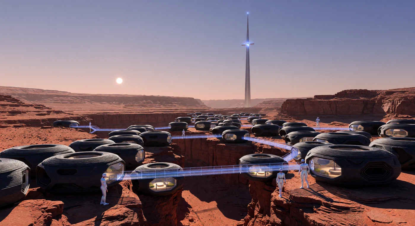 تستقر عناقيد من "وحدات المورفيك" السكنية سداسية الشكل في قاع وادي مارينير العظيم، حيث تعيد أغلفها المصنوعة من المادة القابلة للبرمجة تشكيل نفسها لحظياً لتنظيم الحرارة تحت شمس المريخ الشاحبة. يعود هذا النظام العمراني إلى القرن الثامن والعشرين خلال عصر "التوسع الشمسي"، ويظهر فيه البشر المريخيّون بأجسادهم الممشوقة التي تطورت لتناسب الجاذبية المنخفضة وهم يتنقلون بين ممرات الزجاج المغزلي المتطورة. في الأفق، يبرز مصعد "عمود آريس" الفضائي كشاهد صامت على الحقبة التي تداخلت فيها الهندسة البشرية مع الجيولوجيا السحيقة للكوكب الأحمر.