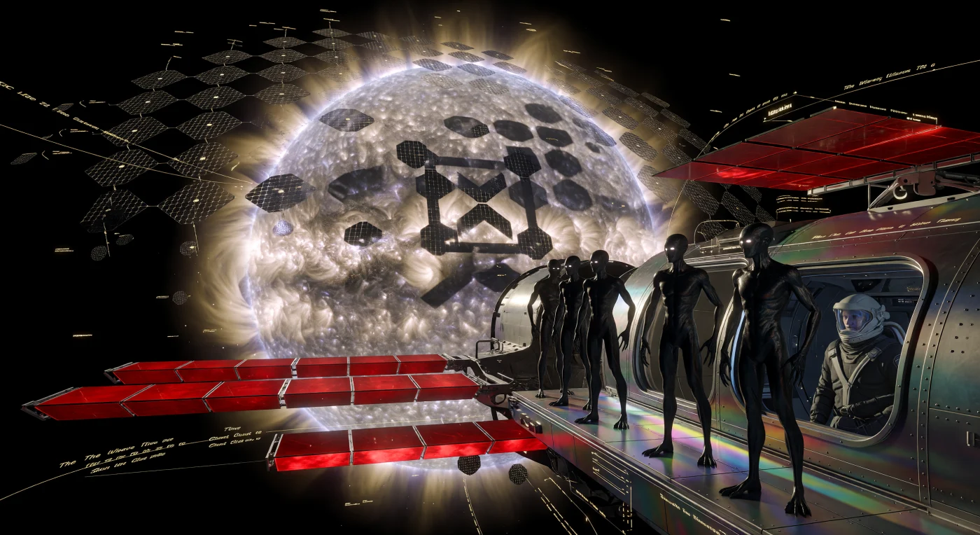 تُظهر هذه اللوحة من عصر "فجر ما بين النجوم" (3000-5000 م) كائنات "ليثو-سابيانس" (Litho-Sapiens) المتكيفة مع الفراغ وهي تراقب مصفوفات "ستاتيت" النانوية أثناء تشكيلها لنمط "الاستمرارية" الهندسي فوق إكليل الشمس المتوهج. يعكس هذا الطقس التقني وصول حضارة سلالة الأرض إلى المستوى 1.9 على مقياس "كارداشيف"، حيث يتم تسخير طاقة النجم عبر "سرب دايسون" المتطور لتغذية شبكات الطاقة المدارية. يبرز المشهد التباين التطوري العميق بين هؤلاء البشر المعدلين إشعاعيًا والبشر "الأصليين" المحميين خلف الدروع الماسية، مما يوثق حقبة تحولت فيها النجوم إلى لوحات فنية ومصادر طاقة لا نهائية في تاريخ النظام الشمسي.